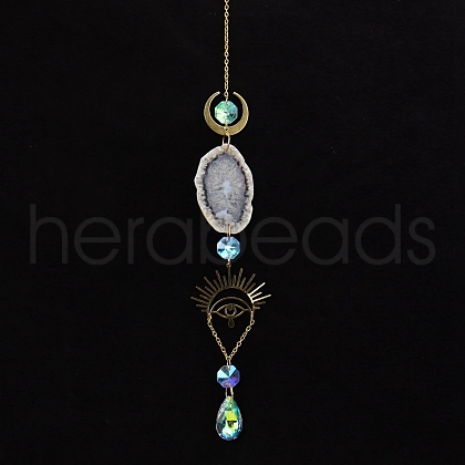 Natural Agate & Metal Evil Eye Moon Hanging Ornaments PW-WG66301-01-1