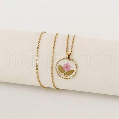 Alloy & Plastic Inner Flower Flat Round Pendant Necklaces FS-WG8915D-17-1