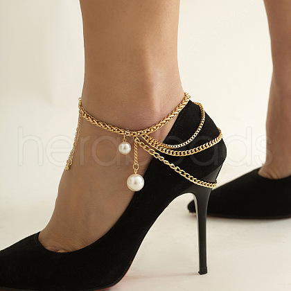 Iron & Aluminum & Round Imitation Pearl Chain Multi-Layered Anklets Tassel Shoes Chains WG98879-03-1