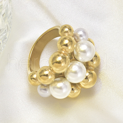 316L Surgical Stainless Steel with Shell Pearl Round Beaded Finger Rings for Women FS-WG2730F-02-1