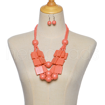 Wood Rectangle & Round Beaded Multilayer Necklaces & Dangle Earrings Sets FS-WG1E68D-04-1