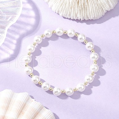 Shell Pearl Round Beads Stretch Bracelets for Women BJEW-JB11998-02-1