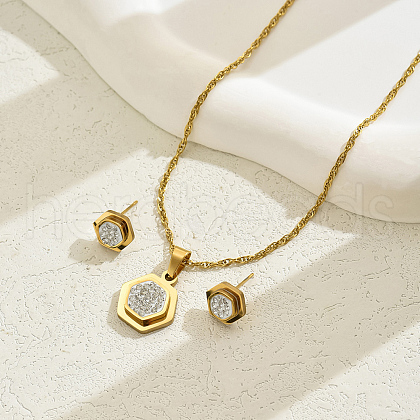 Stainless Steel Rhinestones Hexagon Pendant Necklaces & Stud Earring Sets for Women GG1852-1