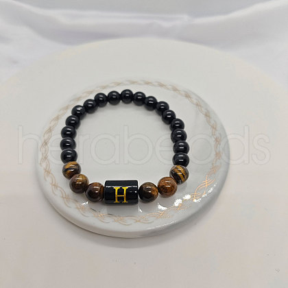 Natural Tiger Eye & Black Obsidian Round Beaded Stretch Braceletes WG32BD9-08-1