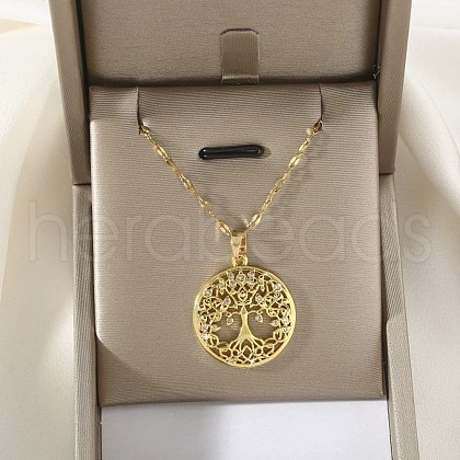 Brass Micro Pave Clear Cubic Zirconia Tree of Life Pendants NJEW-H066-01C-G-1