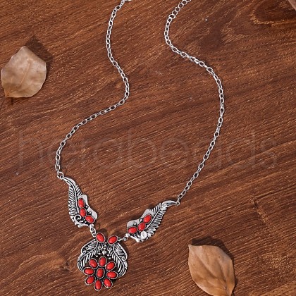 Bohemian Style Alloy Pave Dyed Synthetic Turquoise Feather Pendant Necklaces for Women FS-WG069F3-02-1