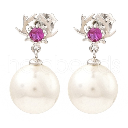 Shell Pearl Round Dangle Stud Earrings with Cubic Zirconia EJEW-Z024-05P-1