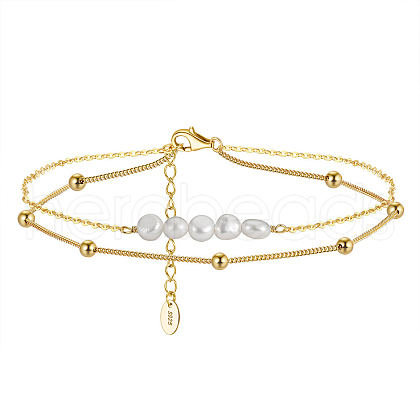 925 Sterling Silver Double Layered Chain Anklet with Natural Freshwater Pearls AJEW-F162-013G-1