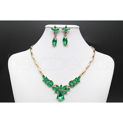 Horse Eye & Leaf & Teardrop Alloy Rhinestone Pendant Necklaces & Stud Dangle Earrings Sets FS-WG3720E-01-1