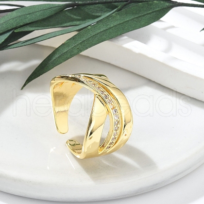 Rack Plating Brass Micro Pave Clear Cubic Zirconia Open Cuff Finger Rings for Women RJEW-M028-78G-1