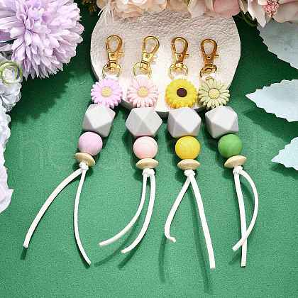 Sunflower Silicone & Natural Wood Beads Pendant Decorations HJEW-JM03080-1