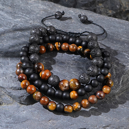 3Pcs Matte Natural Black Agate & Tiger Eye Adjustable Braided Bracelets Sets for Men WA4886-1