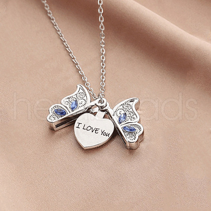 I Love You  Butterfly Alloy Capri Blue Rhinestone Pendant Necklaces for Women WG31A73-04-1