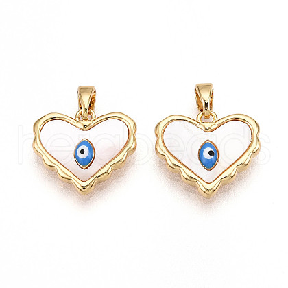 Brass Pave Natural Shell Heart Pendants KK-N258-07G-1