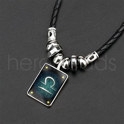 Luminous Rectangle with Constellation Alloy Glass Pendant Black Braided Imitation Leather Cord Necklaces WG00EE9-01-1