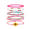 5Pcs Flower Alloy & Resin & Wax Cord Braided Bead Bracelets & Glass Seed Beads Stretch Bracelets Set FS-WG10F8B-04-1