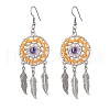 Flat Round with Feather Handmade Glass Seed Beads Chandelier Earrings EJEW-MZ00473-03-2