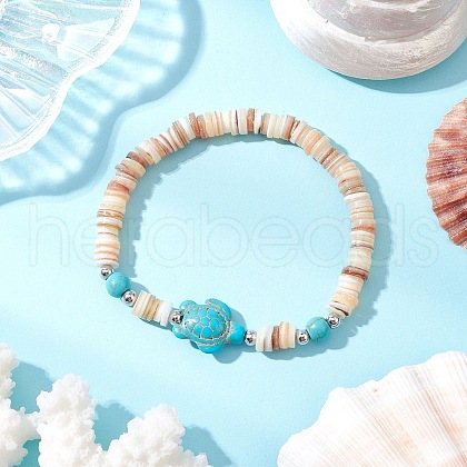 Natural Freshwater Shell with Synthetic Turquoise Beads Stretch Bracelets for Men Women BJEW-JB11745-02-1