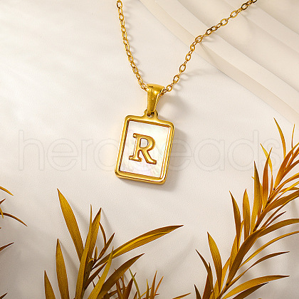 Rectangle Stainless Steel Pave Natural White Shell Initial Pendant Necklaces for Women FS-WGB5EDA-18-1