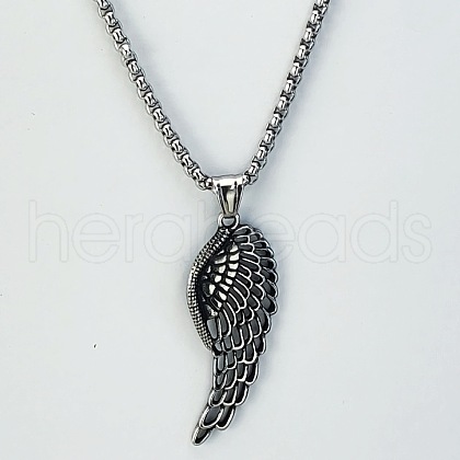 3Pcs Fashionable Retro Stainless Steel Punk Hollow Feather Wing Pendant Box Chain Necklaces for Men OZ1327-2-1