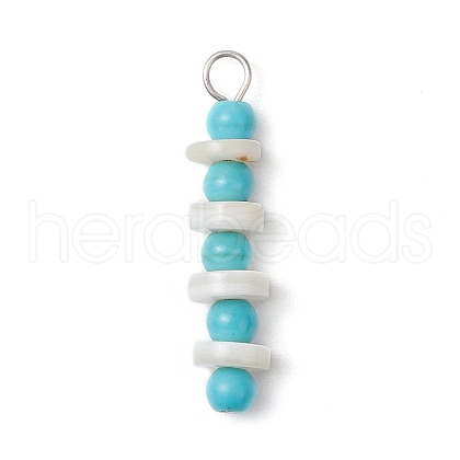 Synthetic Turquoise Round & Natural Freshwater Shell Disc Beaded Pendants PALLOY-JF03987-02-1