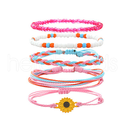 5Pcs Flower Alloy & Resin & Wax Cord Braided Bead Bracelets & Glass Seed Beads Stretch Bracelets Set FS-WG10F8B-04-1