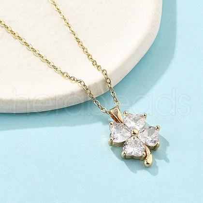 Brass Micro Pave Cubic Zirconia Four Leaf Clover Pendant Neckalces for Women NJEW-S448-02G-1