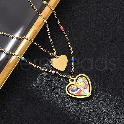 304 Stainless Steel & Plastic Colorful Heart Pendant Double Layer Necklaces for Women NJEW-U032-11G-1