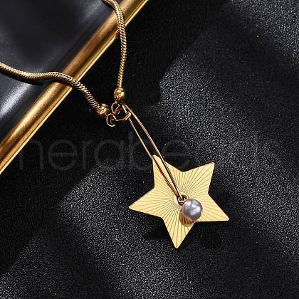 304 Stainless Steel & Plastic Pearl Star Pendant Snake Chain Necklaces for Women NJEW-U032-14G-1