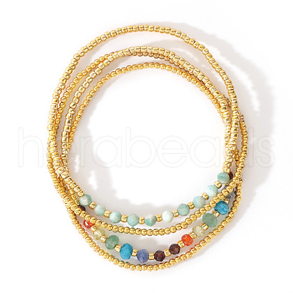 4Pcs Luxury Natural Amazonite Round Beads & Moonstone & Lapis Lazuli & Malaysia Jade & Glass & Cubic Zirconia & Purple  Garnet & Red Garnet & Glass Seed Beads Stretch Bracelet Set for Women AP3962-2-1
