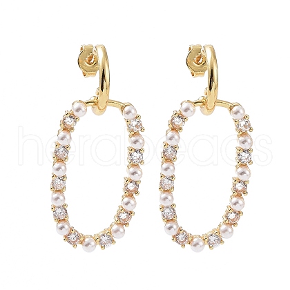 Clear Cubic Zirconia Oval Dangle Stud Earrings with Plastic Pearl Beaded EJEW-C008-25G-1
