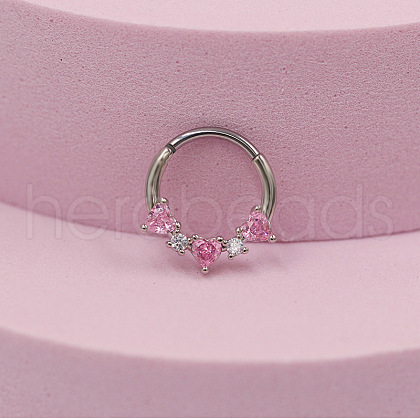 316L Surgical Stainless Steel Pave Pearl Pink Cubic Zirconia Heart Hoop Nose Rings FS-WG2F513-13-1