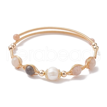 Natural Moonstone Round Beaded Cuff Bangle BJEW-JB10113-01-1