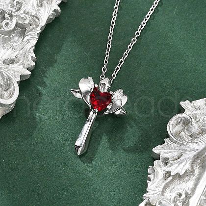 Brass Cubic Zirconia Wing Cross Pendant Necklaces for Women NJEW-C067-07P-01-1