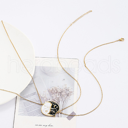 2Pcs Yin-yang Black and White Cat Shaped 201 Stainless Steel Enamel Pendant Necklaces for Couple FS-WG6093D-01-1