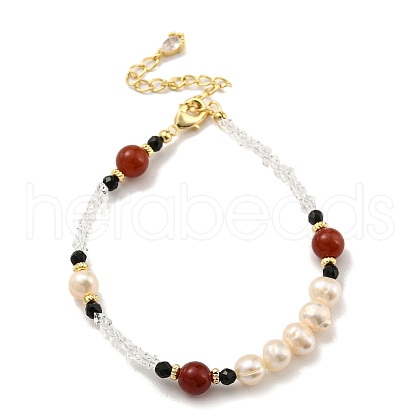 Round Natural Carnelian & Quartz Crystal Chip Beaded Bracelets BJEW-M315-04G-1