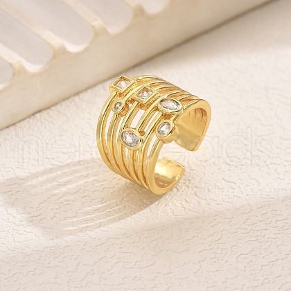 Brass Pave Cubic Zirconia Irregular Geometric Multi-layer Cuff Rings for Women IO9593-1