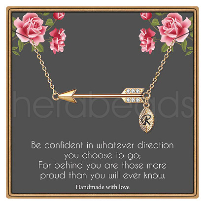 Brass Micro Pave Clear Cubic Zirconia Arrow with Letter Pendant Necklaces FS-WG43978-18-1