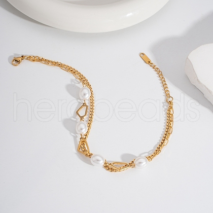 Elegant Stainless Steel & Imitation Pearl Double Layer Link Chain Anklets HM7489-8-1