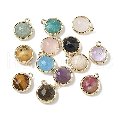 Brass Pave Natural Mixed Stone Faceted Flat Round Charms G-U028-03G-1