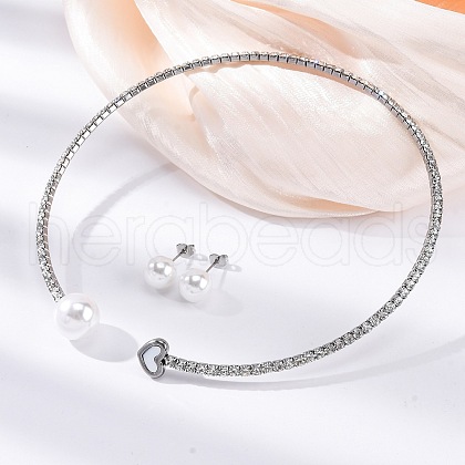 Round Plastic Imitation Pearl Stud Earrings & Rhinestone Cuff Choker Necklaces Sets SJEW-U003-11P-1