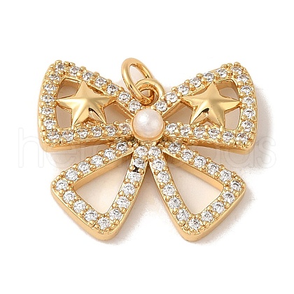 Rack Plating Brass Micro Pave Clear Cubic Zirconia and Plastic Pearl Pendants KK-S366-09G-1