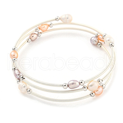 Mother's Day Jewellery Four-Loops Brass & Natural Freshwater Pearl Beaded Wrap Bracelets for Women BJEW-F470-02S-1