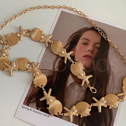 Summer Alloy & Imitation Pearl Starfish and Shell Shaped Link Chain Waist Belly Chains for Women FS-WGFC91A-01-1