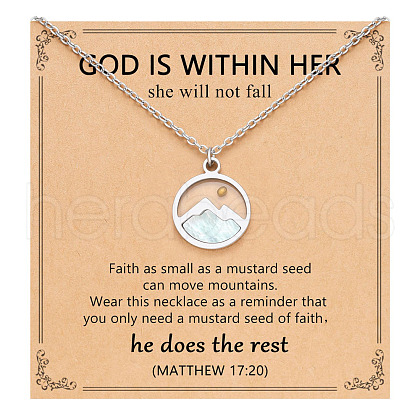 Flat Round 216 Stainless Steel Pave Natural Shell Mustard Seed Pendant Necklaces for Women WG511AE-06-1