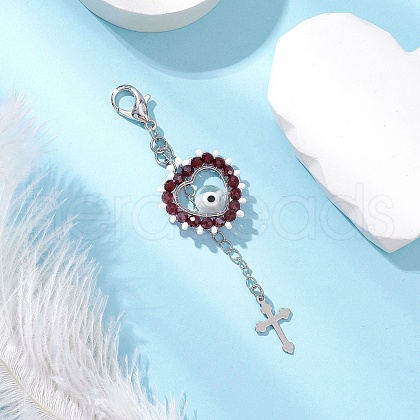 Handmade Evil Eye Lampwork & Glass Seed Beaded Heart Pendant Decorations HJEW-MZ00211-05-1