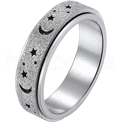 Non-Tarnish 201 Stainless Steel Moon and Star Rotatable Finger Ring MOST-PW0001-005H-05-1