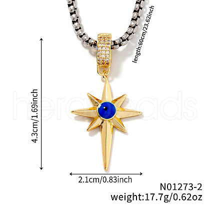 Vintage Retro Style Starburst Evil Eye Star Brass Cubic Zirconia Pendant Necklaces for Parties QO1430-1-1