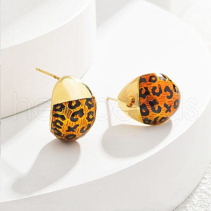 Leopard Print Brass Enamel Stud Earrings for Women EJEW-U055-12B-G-1