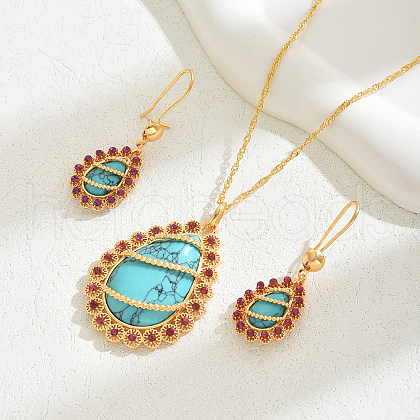Luxurious Middle Eastern Synthetic Turquoise & Rhinestone Teardrop Pendant Necklace & Earrings Sets for Wedding GL5930-1